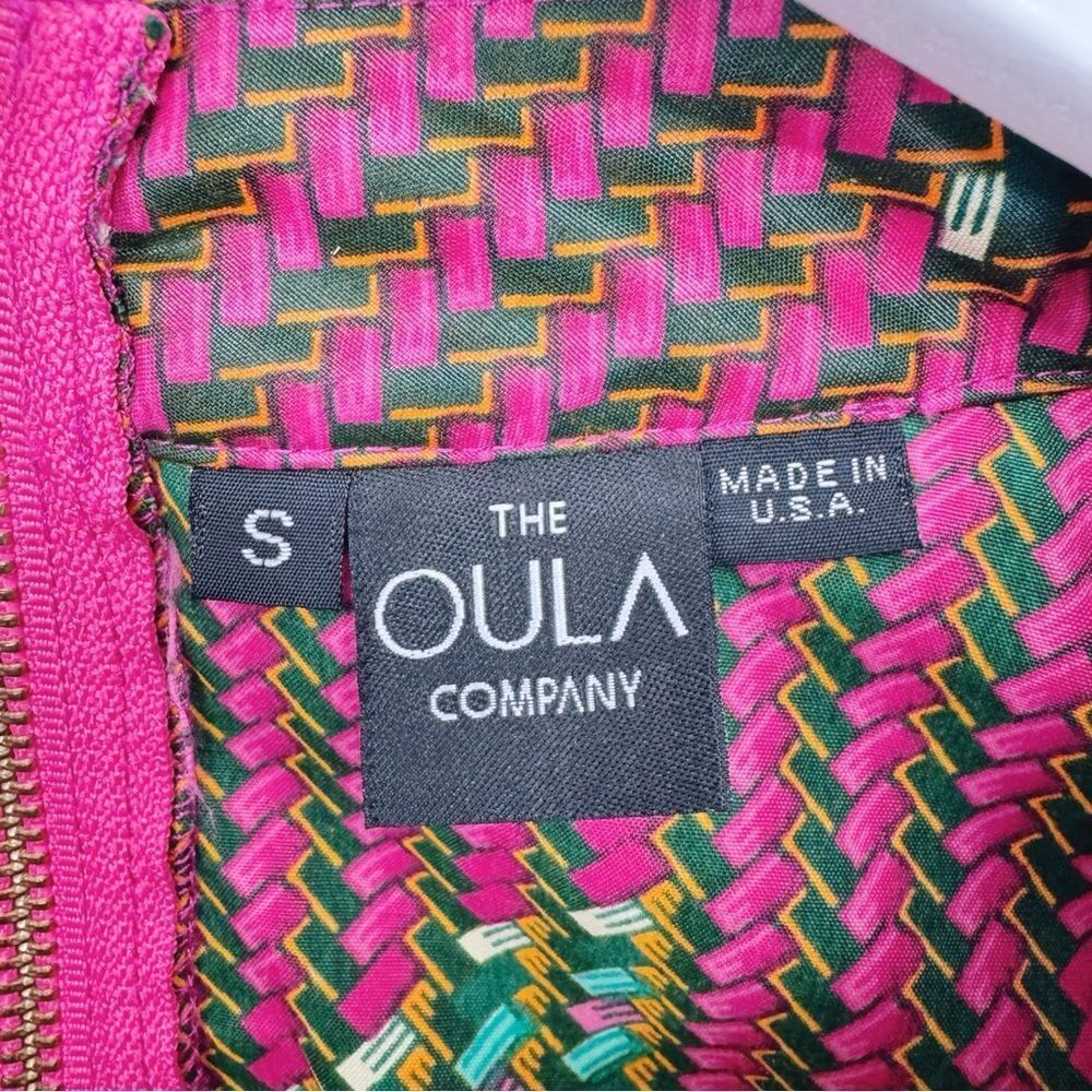 The Oula 3/4‎ Sleeve Trapeze Dress Pink Gold Green Geometric Print Rear Zip S - Picture 5 of 6